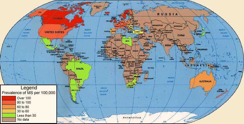 Historical world map of MS prevalence, with no data year supplied. The legend gives people with MS per 100,000: over 100, 80 to 100, 60 to 80, 30 to 60, and less than 30. A separate brown category means no data, not zero cases. Red and orange areas appear in North America, Europe and Australia; green areas include parts of Central and South America, Africa and East Asia. Much of Africa and Asia is brown. These are original historical estimates, not current figures.